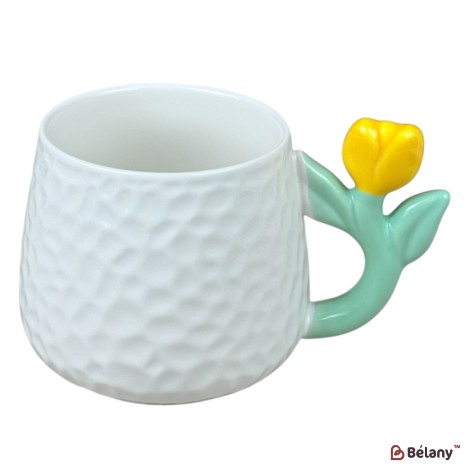 Cană din ceramică „Tulip Handle” albă cu mâner lalea galbenă, 380 ml