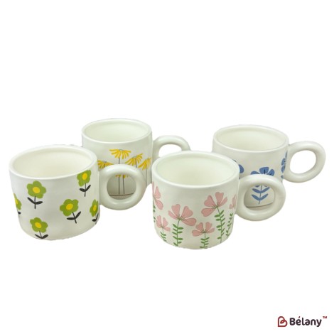 Set 4 căni din ceramică „Bloom Art” cu imprimeu floral colorat și mâner rotund, 420 ml