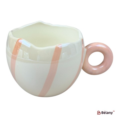 Cană din ceramică „Pastel Stripe” albă cu dungă roz și mâner roz, 360 ml