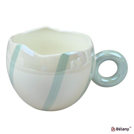 Cană din ceramică „Pastel Stripe” albă cu dungă verde și mâner verde, 360 ml