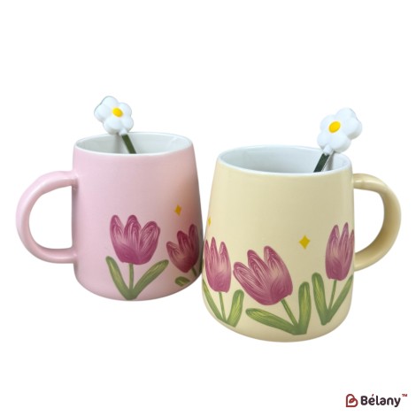 Set 2 căni din ceramică „Tulip Bloom” cu linguriță decorativă în formă de floare, 390 ml