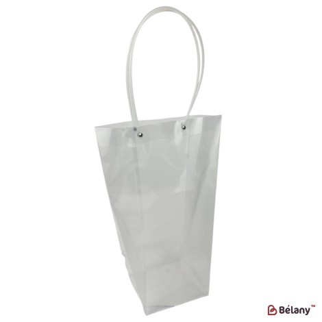 Geantă transparentă din PVC pentru flori cu mânere albe, 35×13×13 cm