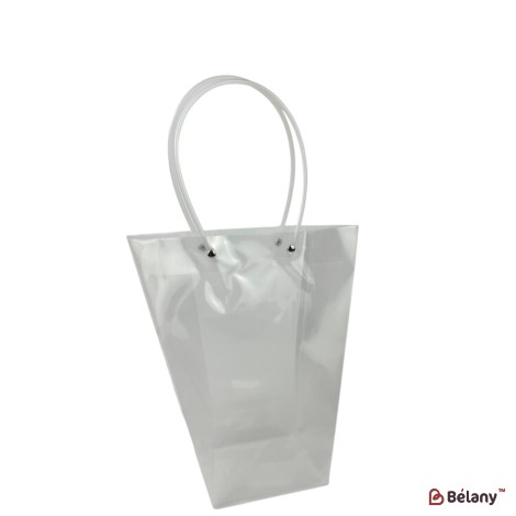 Geantă transparentă din PVC pentru flori cu mânere albe, 26×12×12 cm