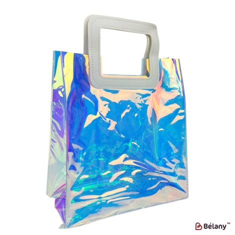 Cutie cadou iridescentă cu mâner pătrat din piele ecologică, 27×24×12 cm