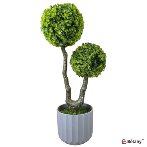 Copac decorativ artificial în ghiveci gri, cu 2 coroane verzi rotunde.