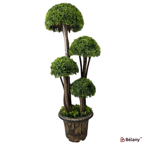Brad decorativ artificial în ghiveci, stil bonsai, cu 4 coroane verzi – ornament de interior/exterior