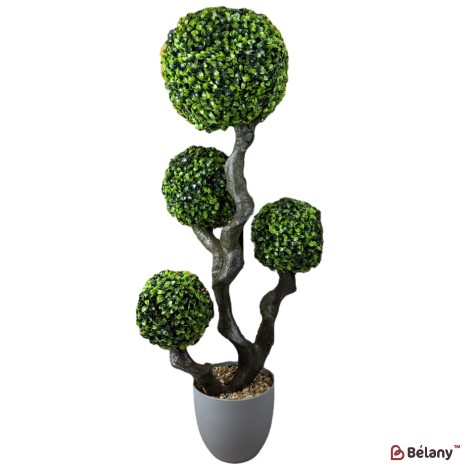 Arbore decorativ artificial, 90 cm, în ghiveci gri, cu 4 bile verzi ornamentale