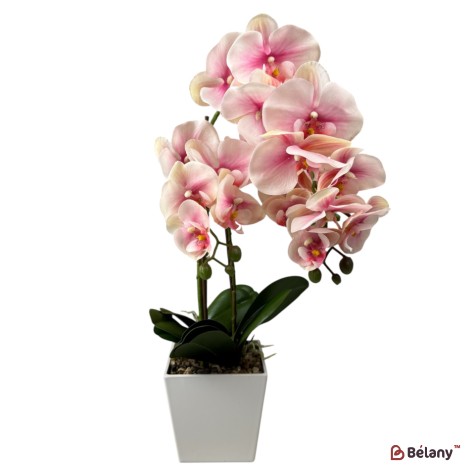 Orhidee artificială roz, 56 cm, ghiveci alb