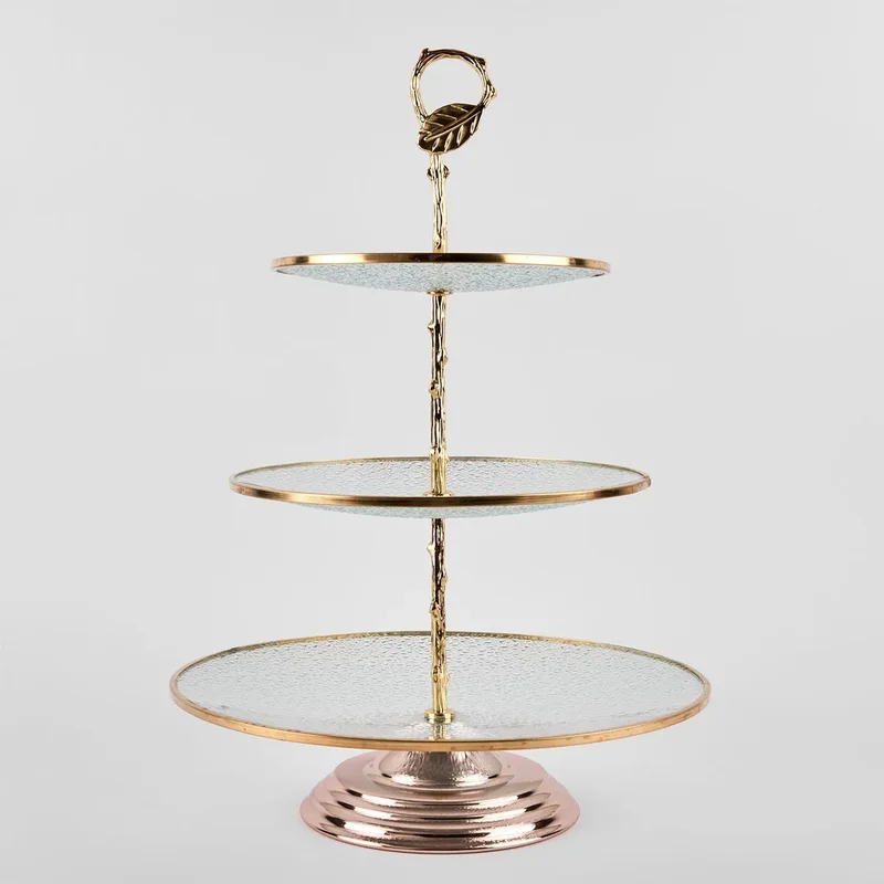 3 нива, златна ваза за плодове "Лист" 20см