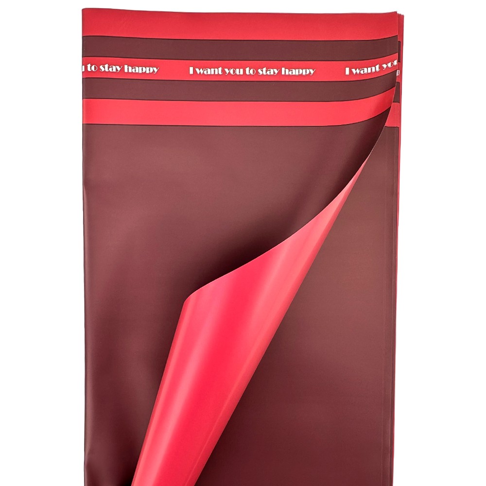 Celofan bicolor cu dungi "Stay happy" rosu visiniu