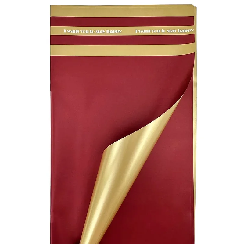 Celofan bicolor cu dungi "Stay happy" rosu-auriu