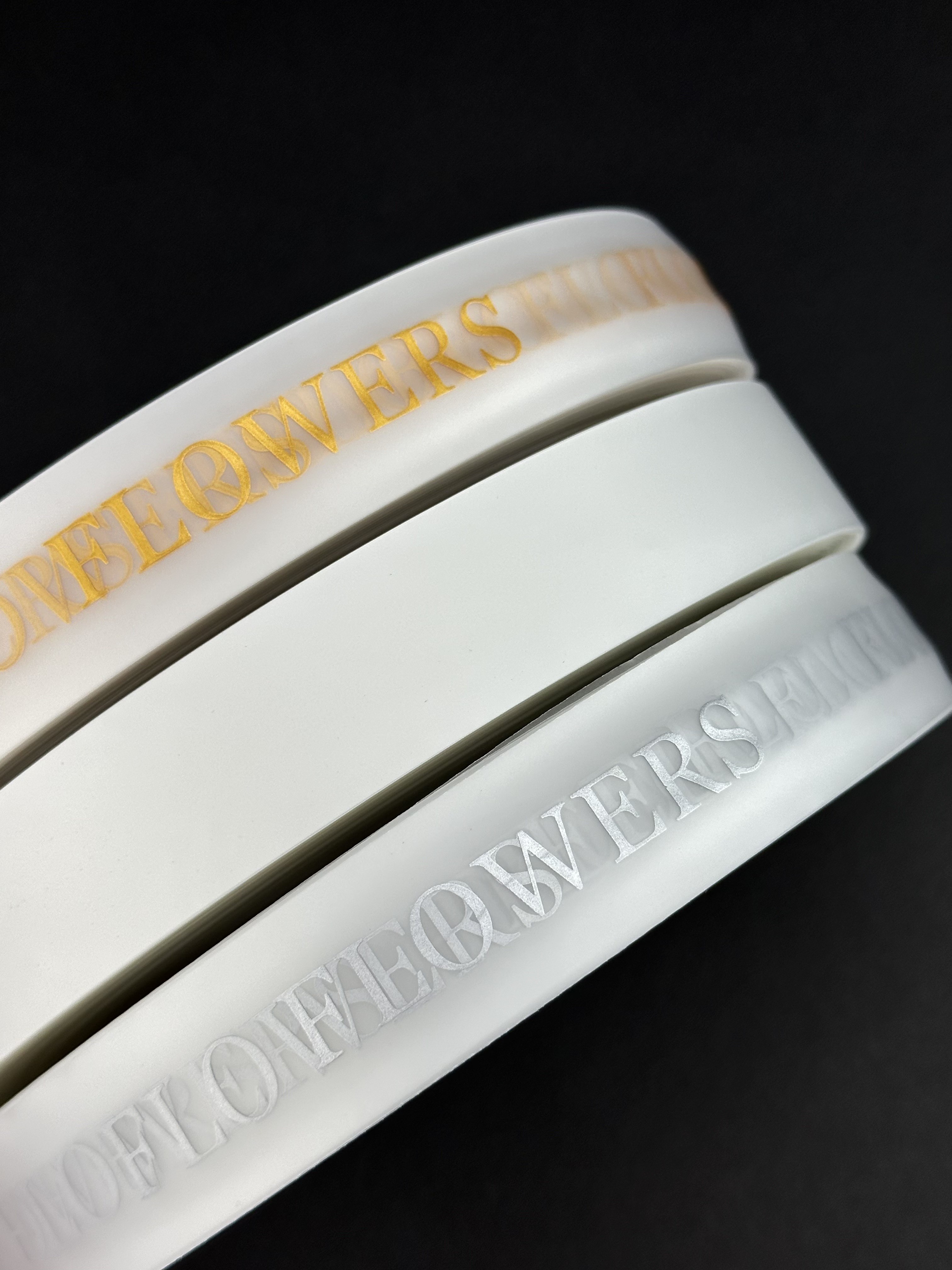 Silicone tape with silver inscription Flowers 2.5 cm by 137.16 m photo 3