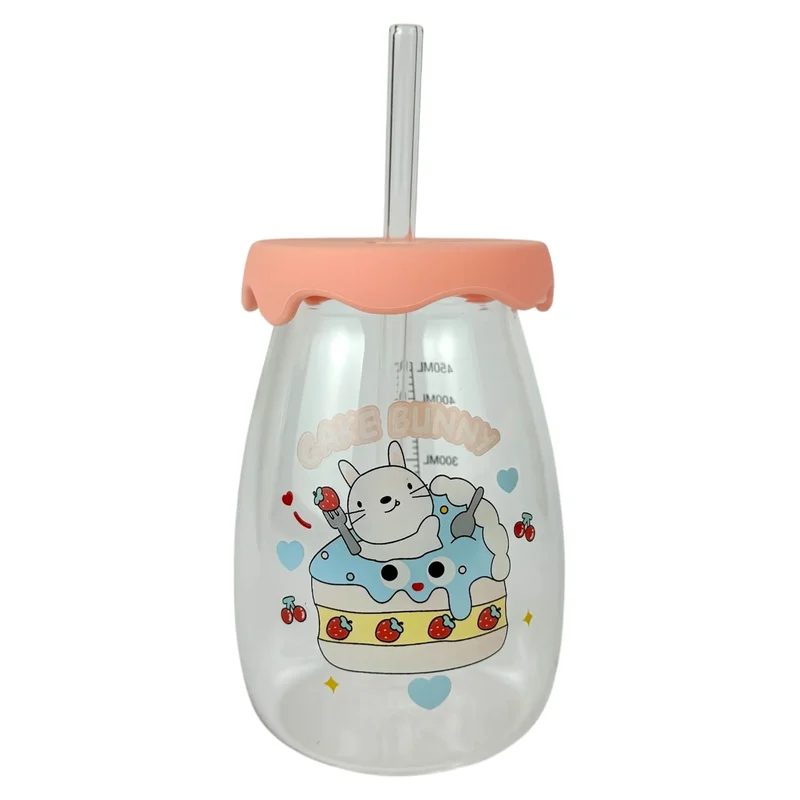 Стъклена чаша за пиене "Happy Baby" с розов капак и сламка