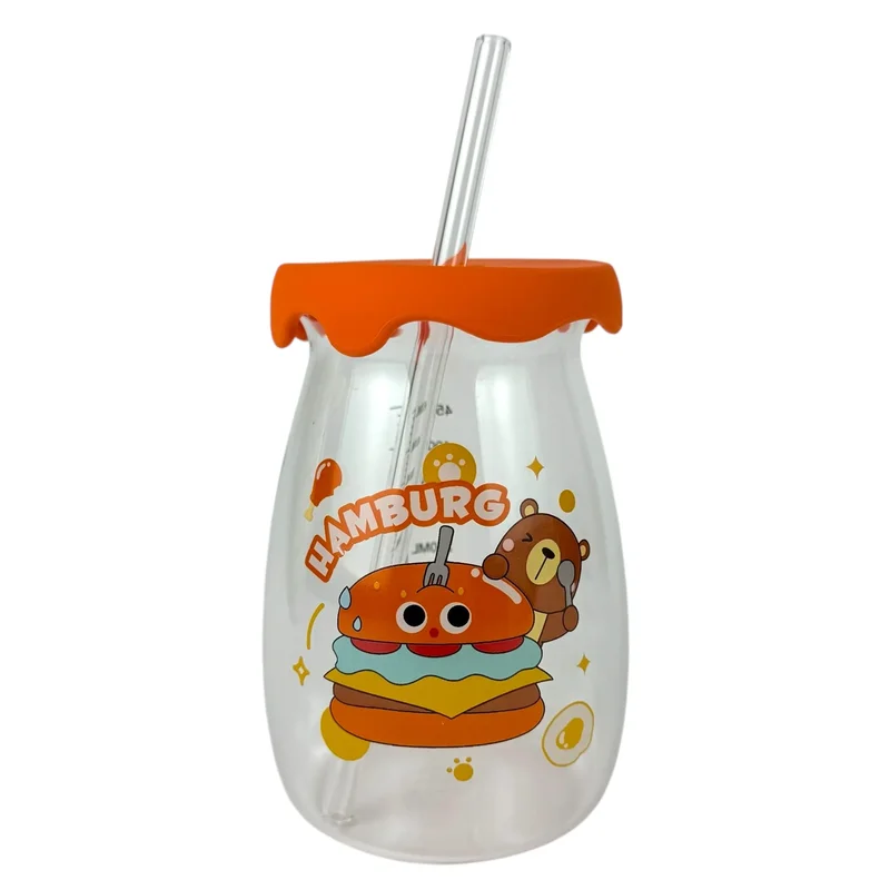 Стъклена чаша за пиене "Happy Baby" с оранжев капак и сламка