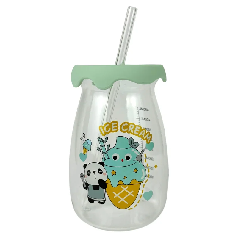 Szklany kubek do picia "Happy Baby" z miętową pokrywką i słomką