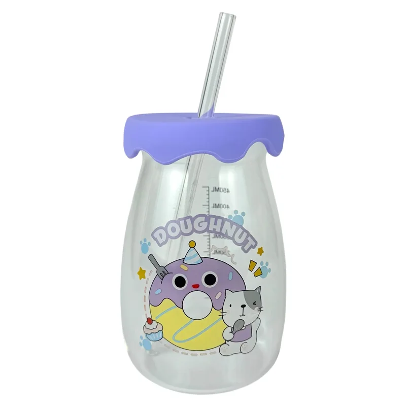 "Happy Baby" стъклена чаша за пиене с люляков капак и сламка