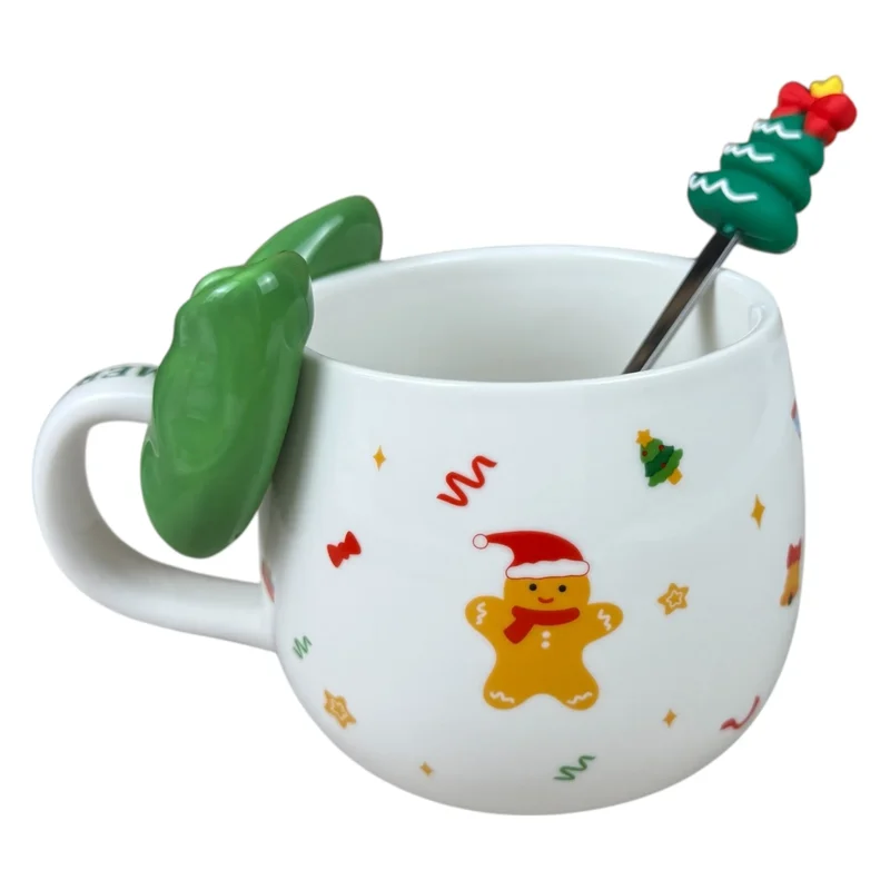 Cană de Crăciun „Funny Xmas” alb cu mâner verde și Omuleț de Turtă Dulce, 420 ml