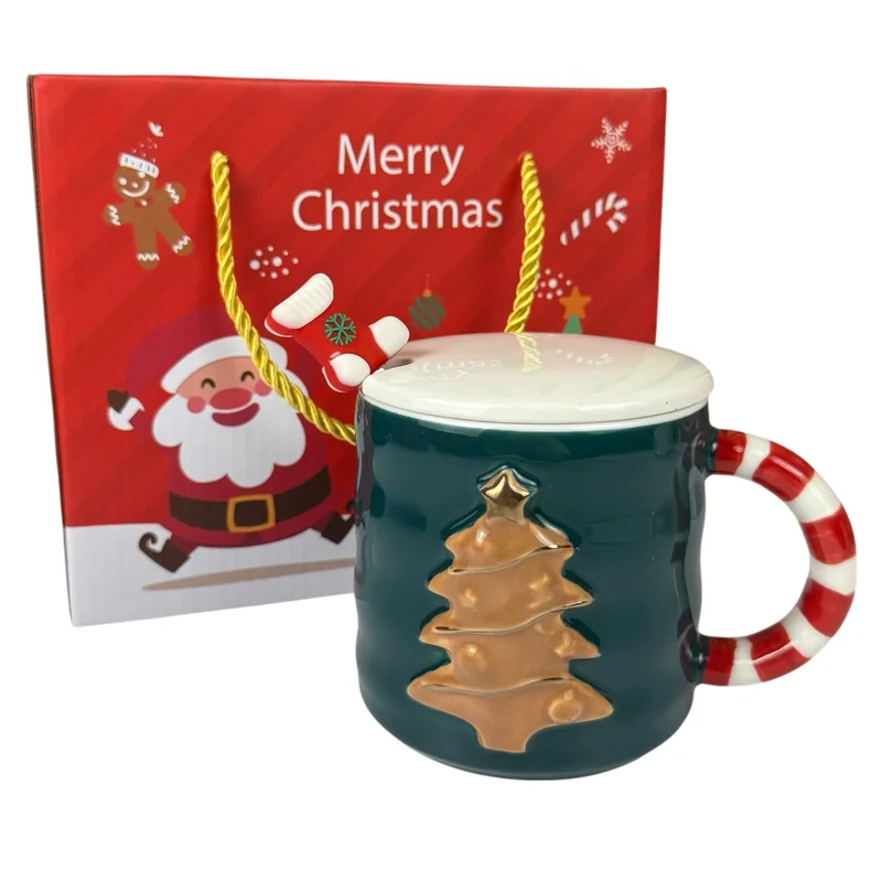 Cană de Crăciun „Brad 3D” verde cu brad auriu, 420 ml, în cutie cadou