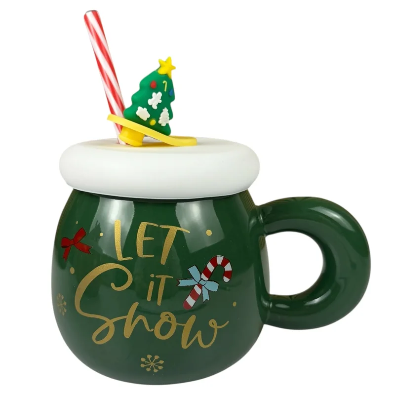 Cana de Crăciun „Let it Snow” verde cu brăduț și pai – 500 ml