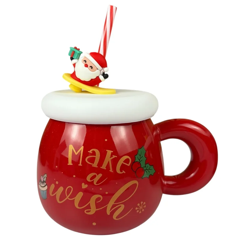 Cana de Crăciun „Make a Wish” roșie cu Moș Crăciun și pai – 500 ml