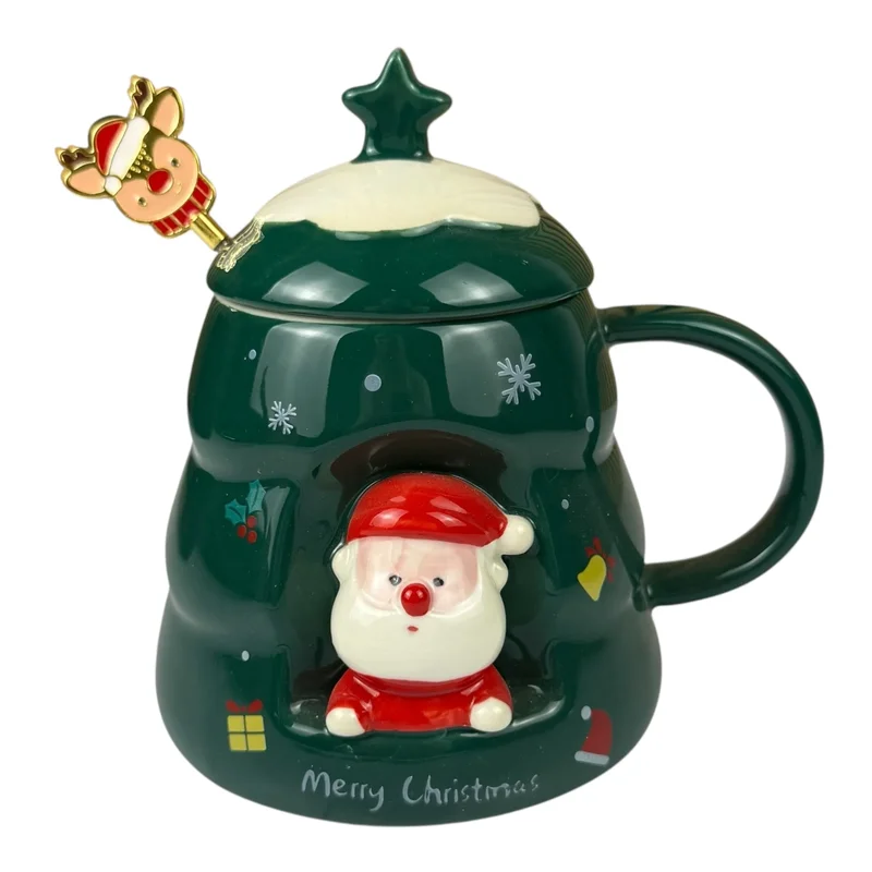 Cană de Crăciun „Moș Crăciun 3D” verde cu capac și linguriță decorată, 480 ml