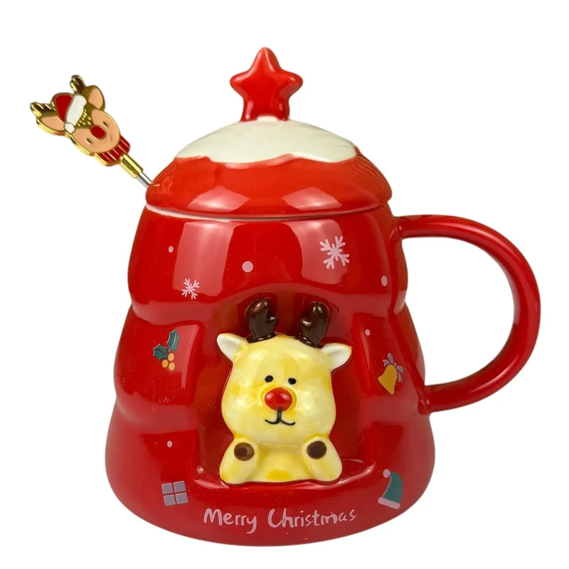 Cană de Crăciun „Moș Crăciun 3D” roșie cu capac și linguriță decorată, 480 ml