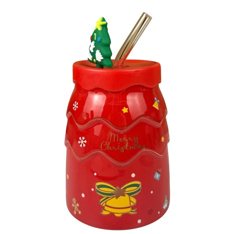 Cană de Crăciun „Merry Cană de Crăciun „Pom de iarnă” roşu cu ren și pai metalic, 450 ml