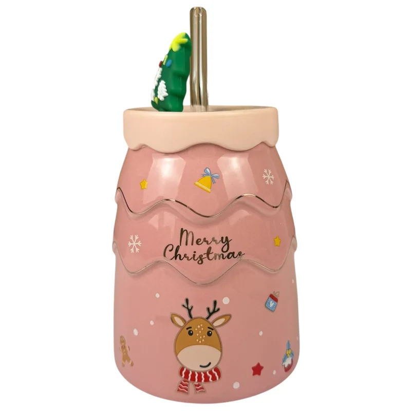 Cană de Crăciun „Pom de iarnă” roz cu ren și pai metalic, 450 ml