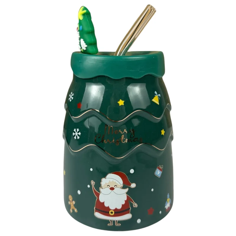 Cană de Crăciun „Pom de iarnă” verde cu Moș Crăciun și pai metalic, 450 ml