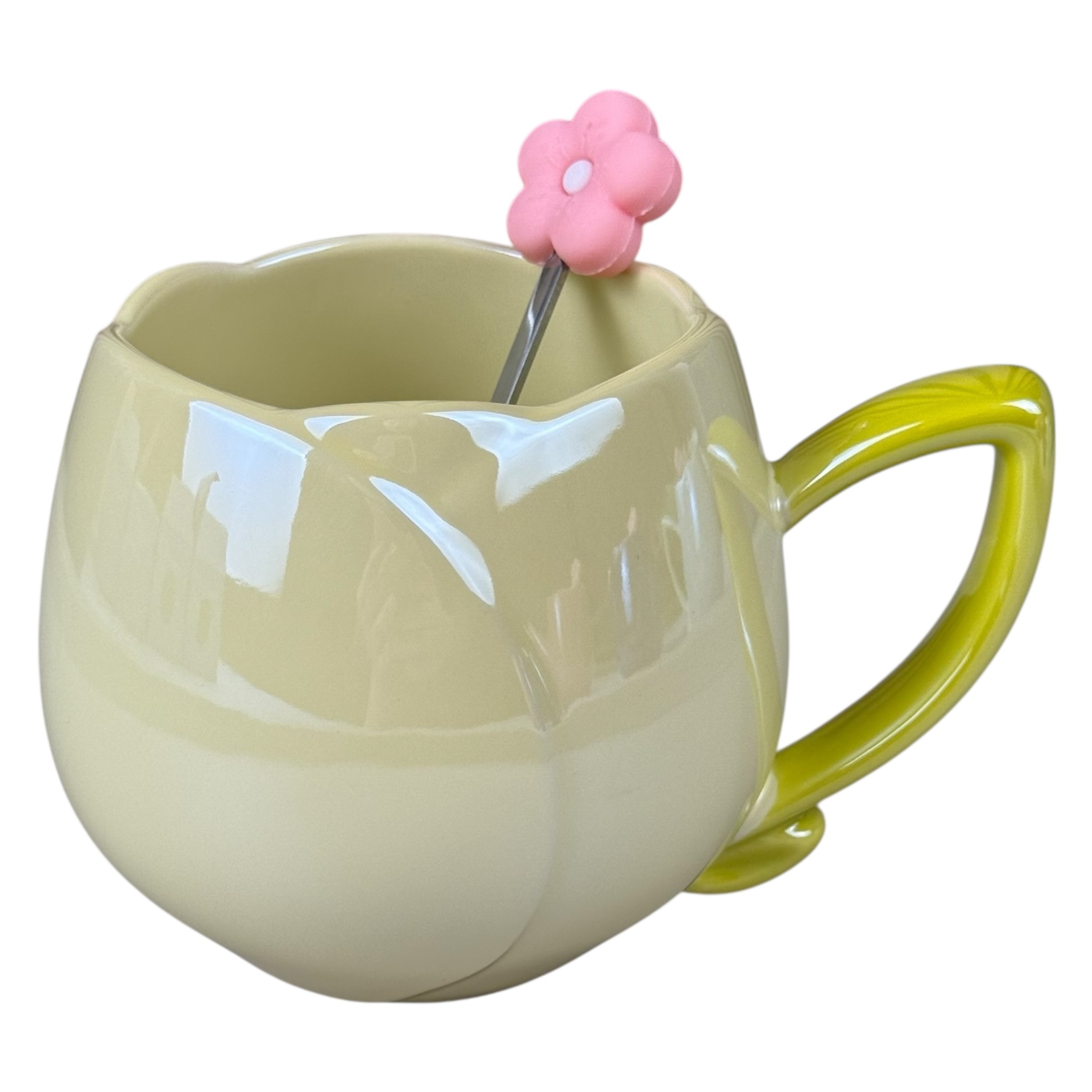 Керамична чаша "Цвете" 360 мл, жълта със зелен чучур