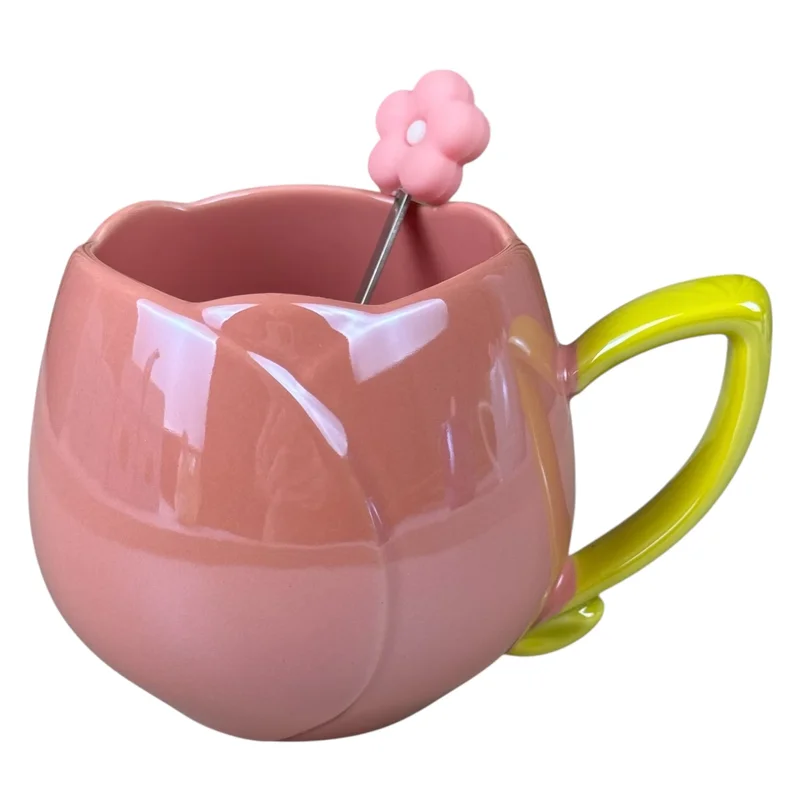 Cană din ceramică „Flower” 360 ml, roz cu toartă galbenă