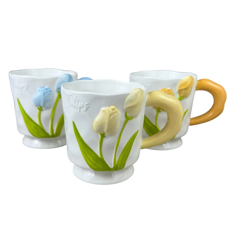 Set 3 căni din ceramică „Tulips”, 400 ml, Mix 3 culori