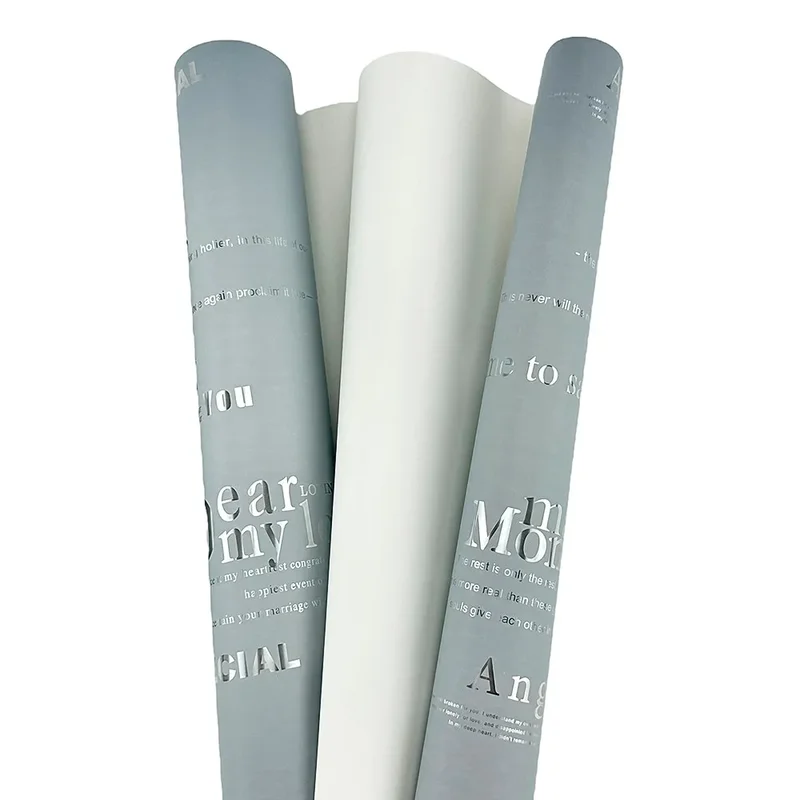 Celofan cu două fețe alb-gri cu inscripții