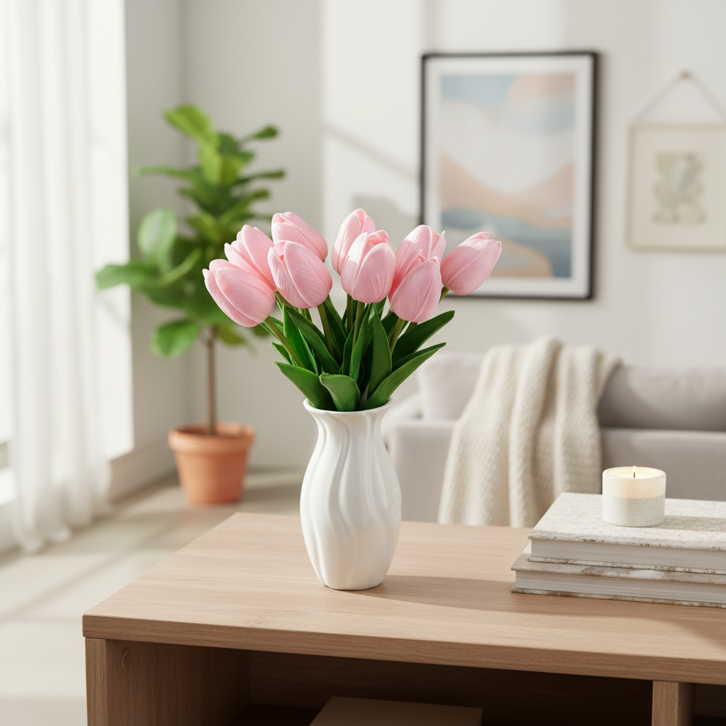 Bouquet of artificial tulips in silicone "Pink", 10 strands, 33 cm photo 3