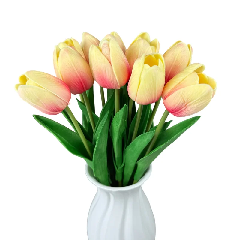 Buchet de lalele artificiale din silicon „Galben cu roz”, 10 fire, 33 cm