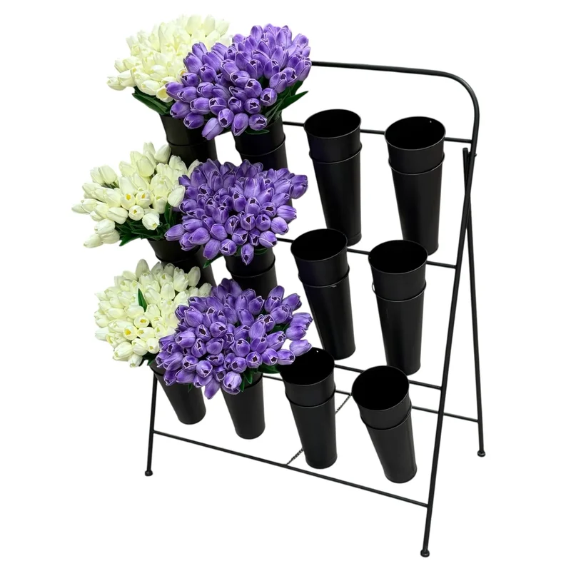 Vitrină florală metalică cu găleți 110×100×50 cm, diametru găleată 22 cm