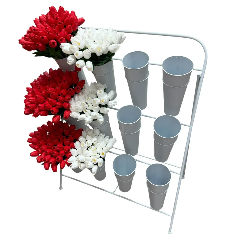 Vitrină florală metalică cu găleți 110×100×50 cm, alb, diametru găleată 22 cm