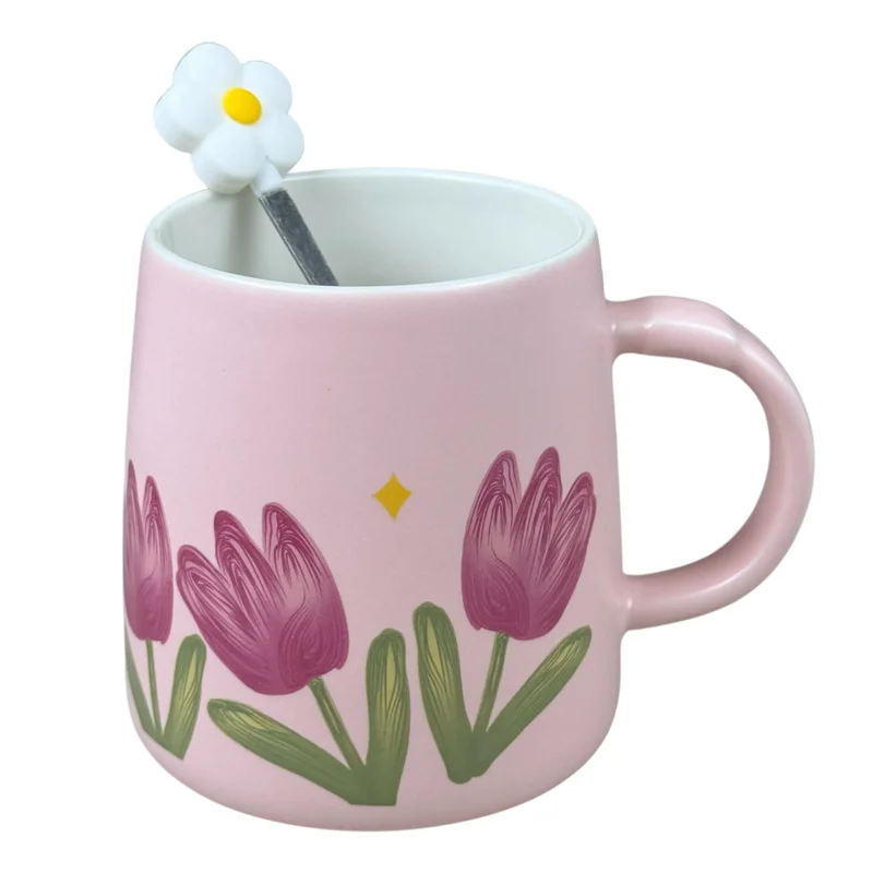 Cană din ceramică „Tulip Bloom” roz cu lalele mov și linguriță decorativă, 390 ml