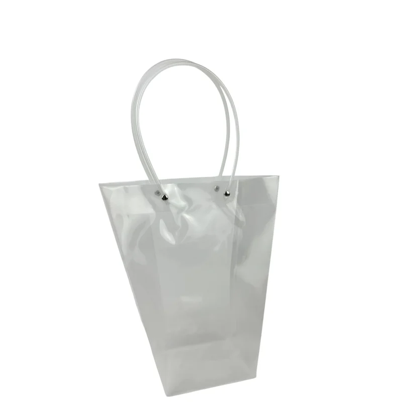 Geantă transparentă din PVC pentru flori cu mânere albe, 26×12×12 cm