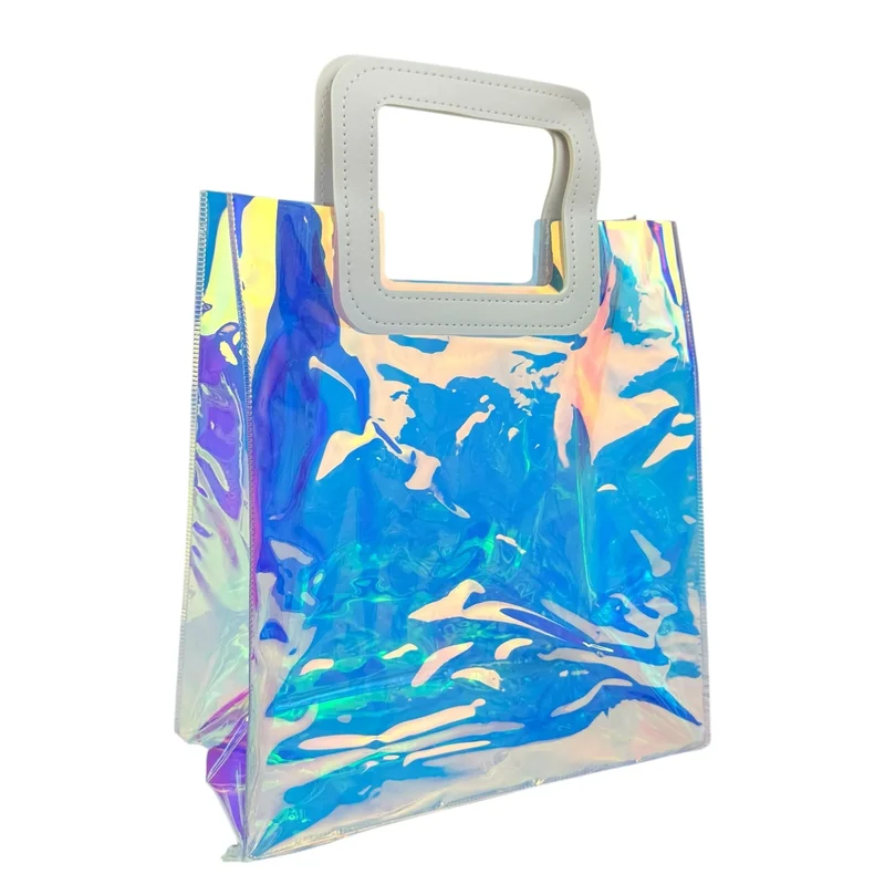 Cutie cadou iridescentă cu mâner pătrat din piele ecologică, 27×24×12 cm