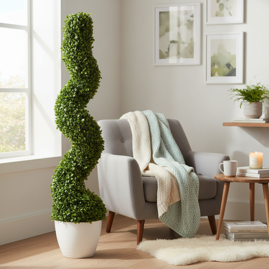 Decorative artificial spiral tree, 90 cm, green, in black pot photo 4