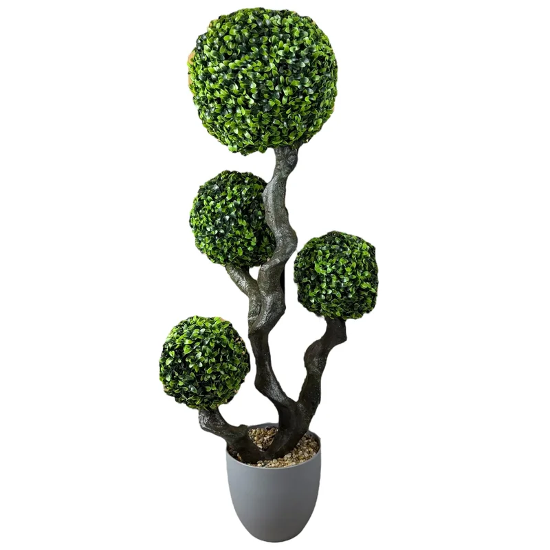 Arbore decorativ artificial, 90 cm, în ghiveci gri, cu 4 bile verzi ornamentale