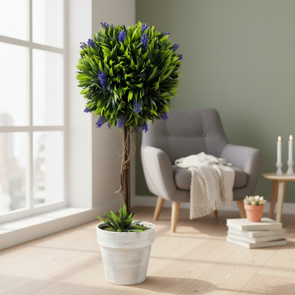 Artificial decorative tree with blue flowers, 60 cm, white pot photo 5