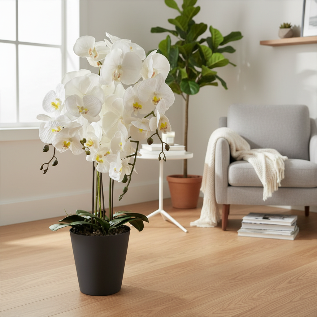 White artificial orchid in black pot, 78 cm photo 5