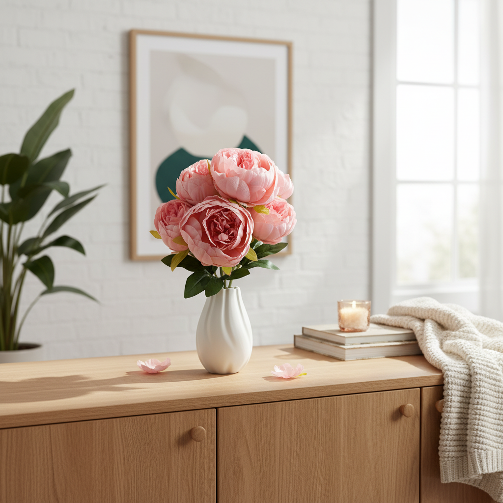 Buchet artificial cu 7 bujori roz photo 3