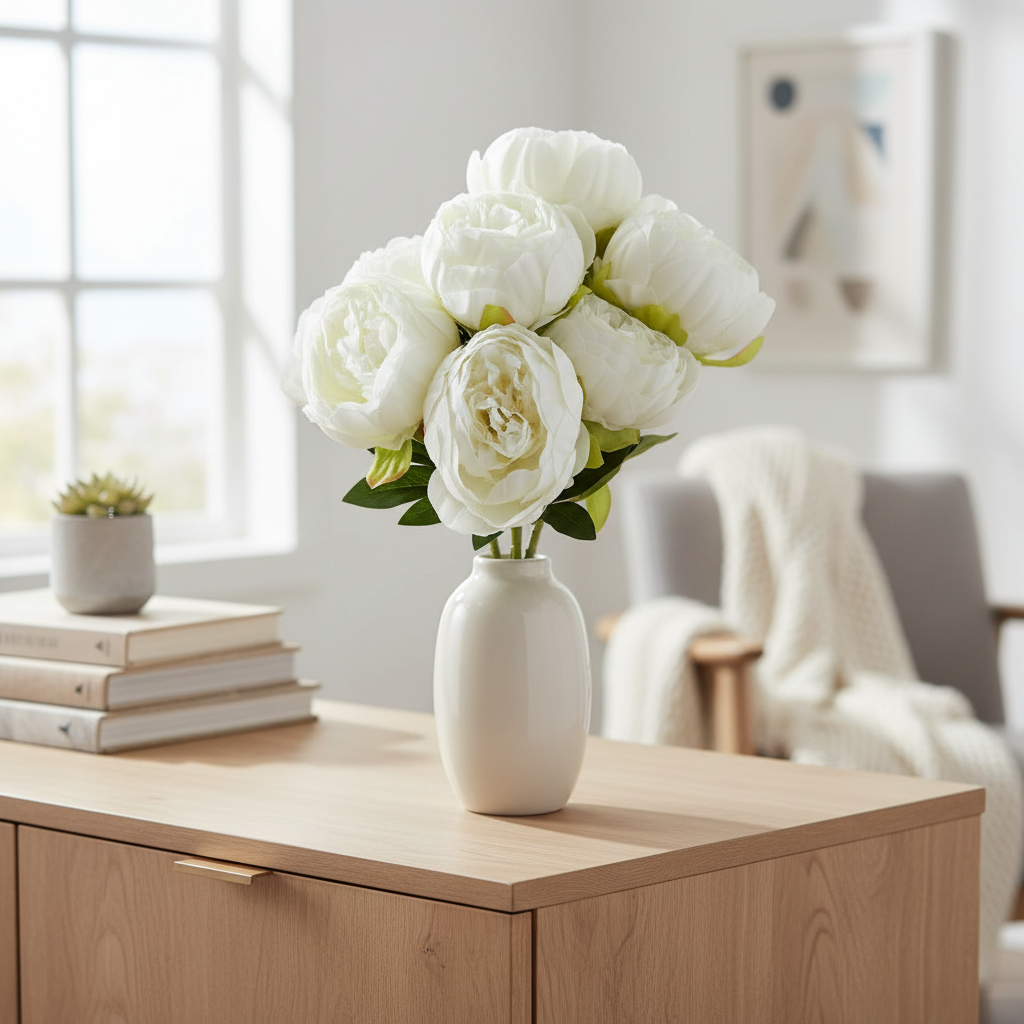 Buchet artificial cu 7 bujori alb photo 3