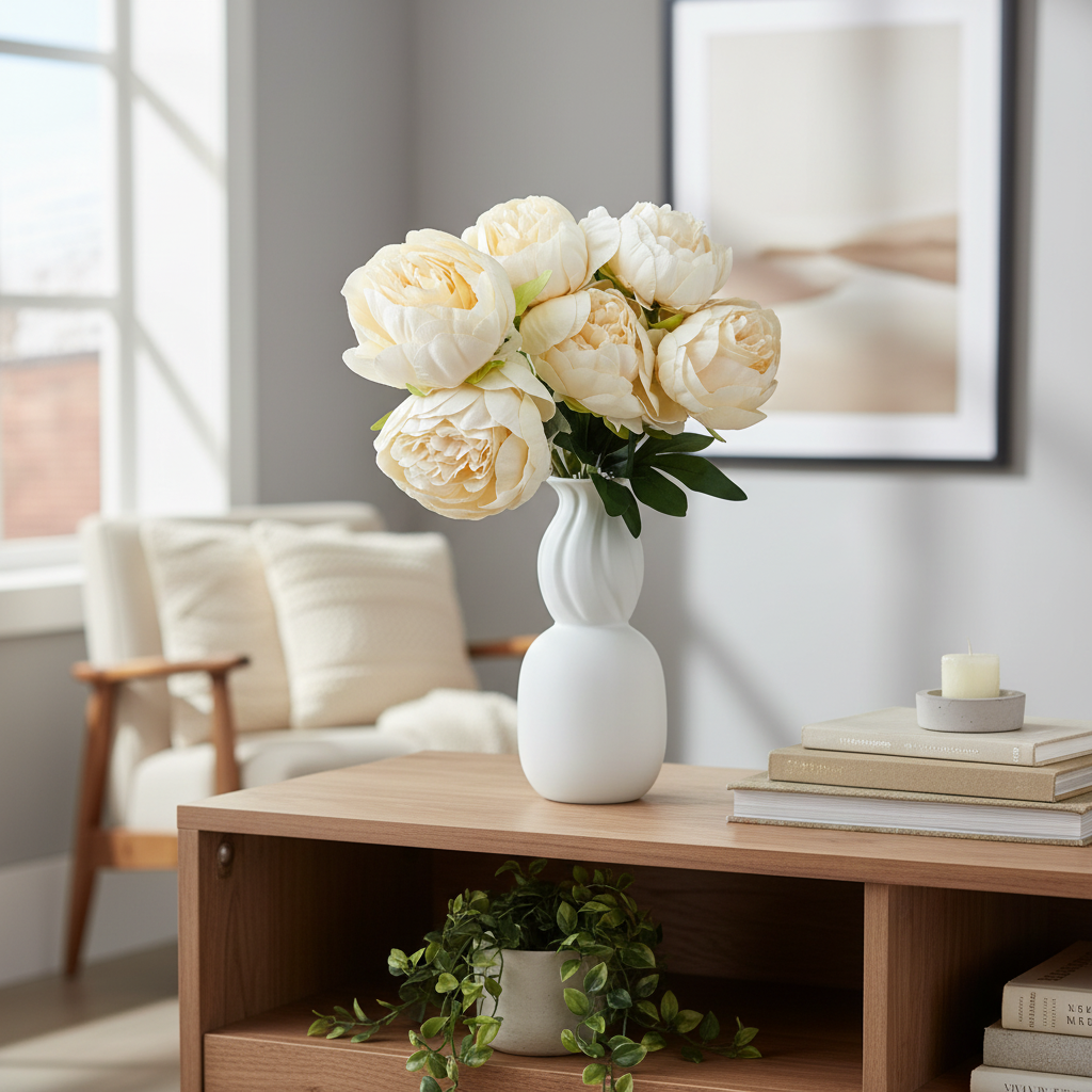 Buchet artificial cu 7 bujori crema photo 3