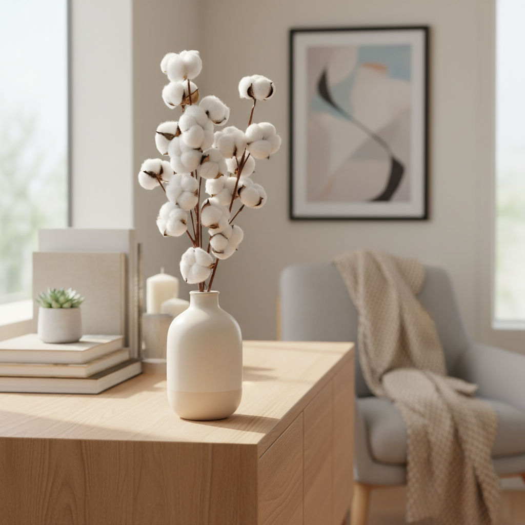 Artificial cotton branch, 14 capsules, 65 cm photo 4