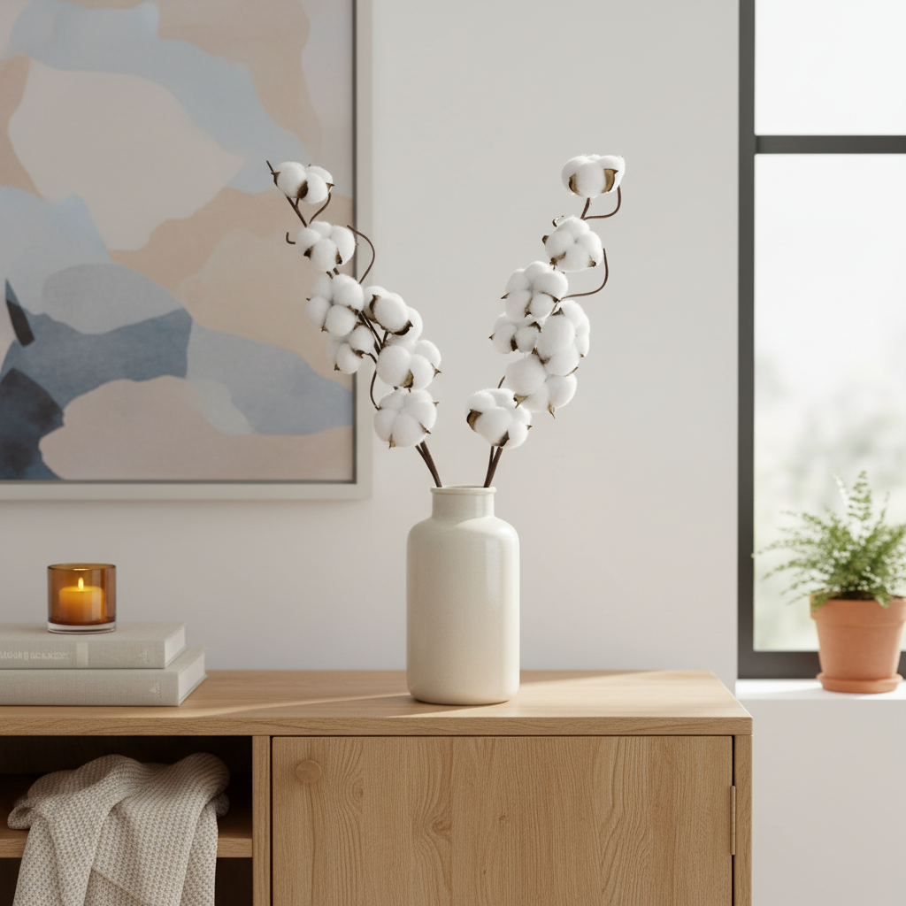 Sztuczna gałązka bawełny, 7 kapsułek, 65 cm photo 4