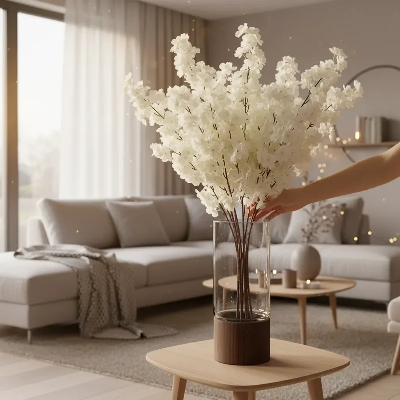 Ramură artificială de sakura, 90 cm, Șampanie